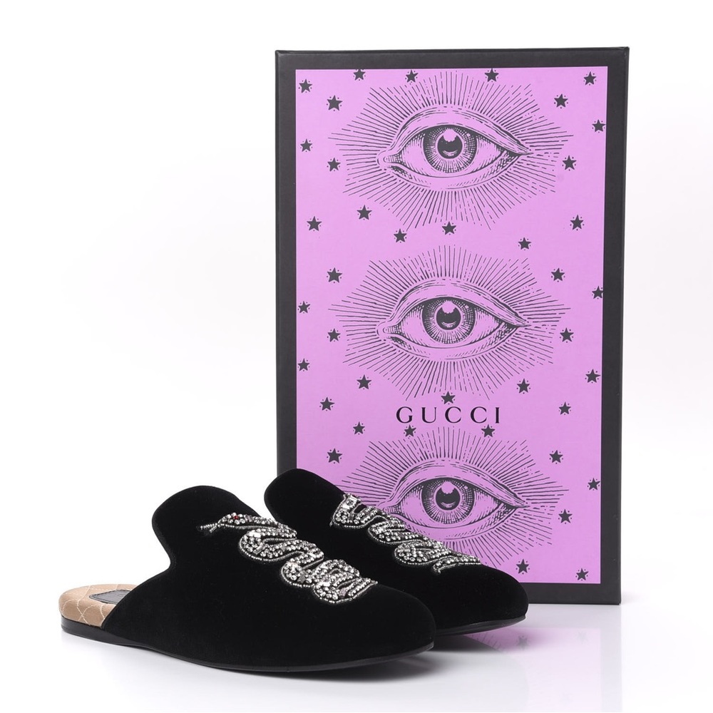 Gucci Crystal Velvet Snake Slippers